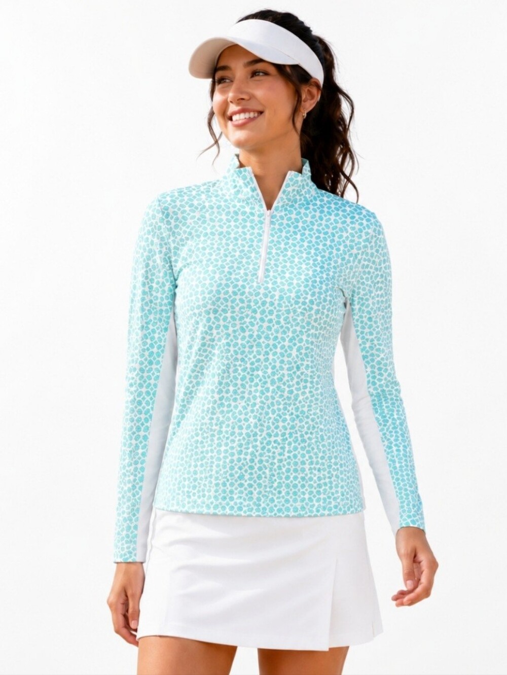 Tommy Bahama Active Pullover Large Aqua White 1/4 Zip Golf Top UPF Stretch